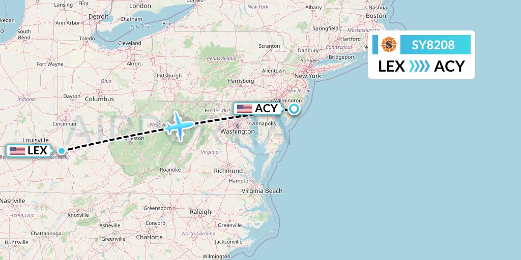 SY8208 Sun Country Airlines Flight Map: Lexington to Atlantic City