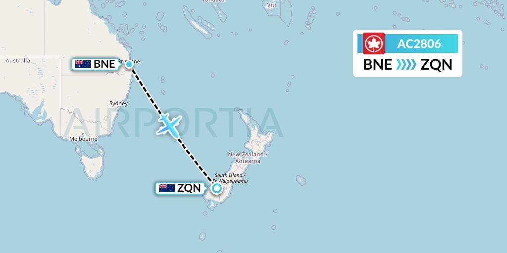 AC2806 Air Canada Flight Map: Brisbane to Queenstown