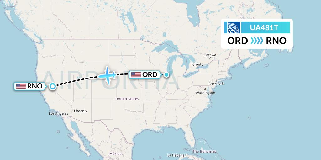 UA481T United Airlines Flight Map: Chicago to Reno