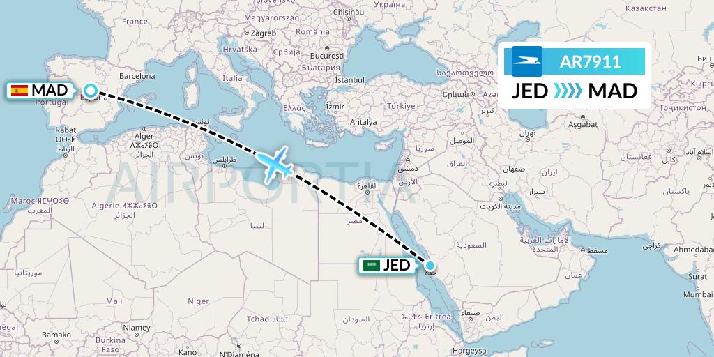 AR7911 Aerolineas Argentinas Flight Map: Jeddah to Madrid