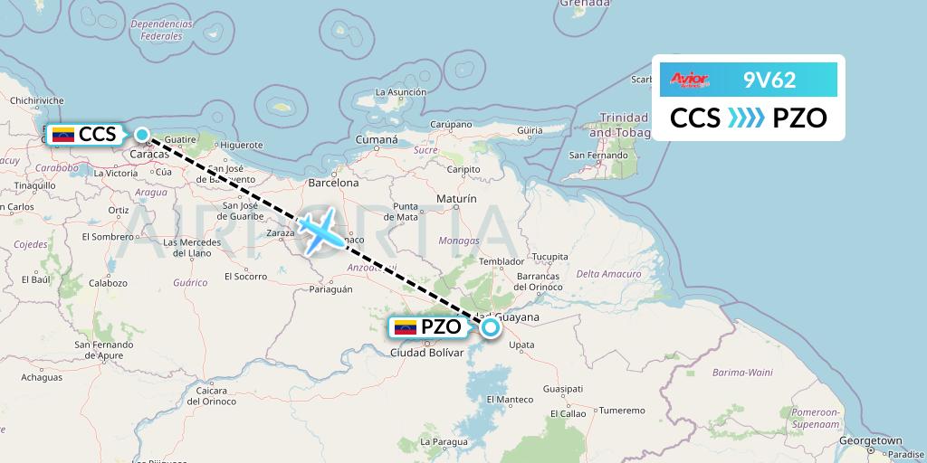 9V62 Avior Airlines Flight Map: Caracas to Puerto Ordaz