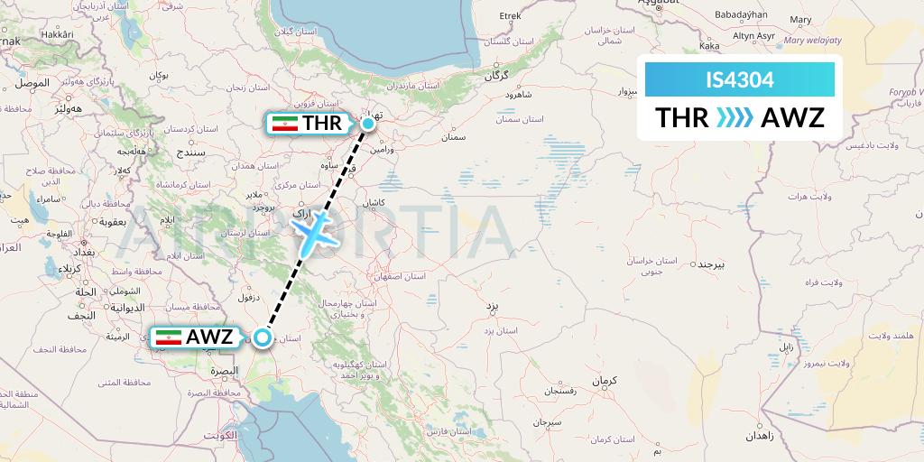 IS4304 Sepehran Airlines Flight Map: Tehran to Ahvaz