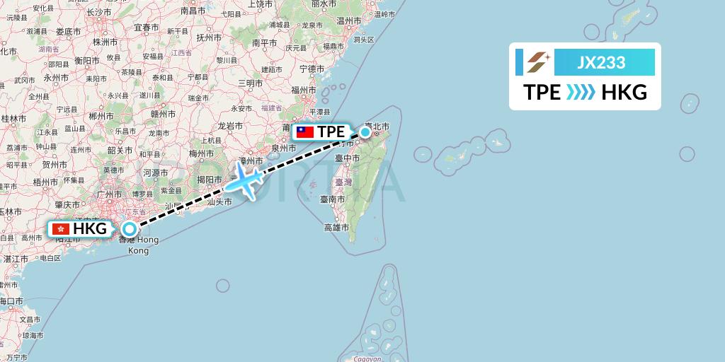 JX233 Starlux Airlines Flight Map: Taipei to Hong Kong