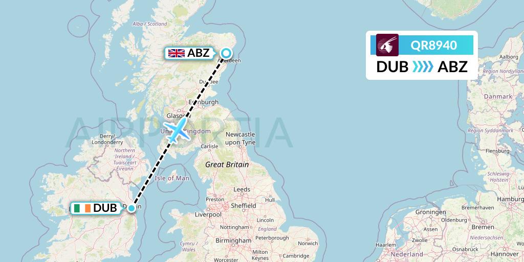QR8940 Qatar Airways Flight Map: Dublin to Aberdeen