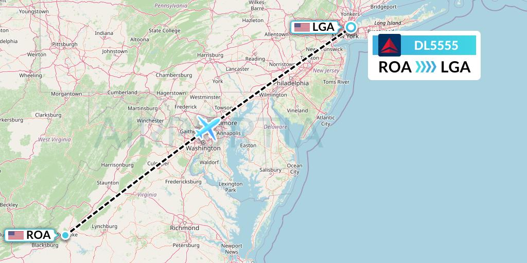 DL5555 Delta Air Lines Flight Map: Roanoke to New York