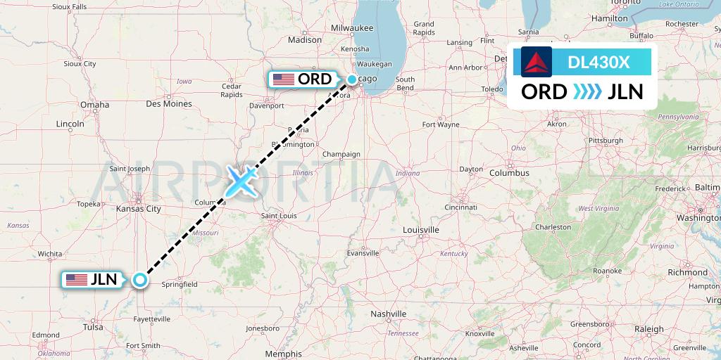DL430X Delta Air Lines Flight Map: Chicago to Joplin