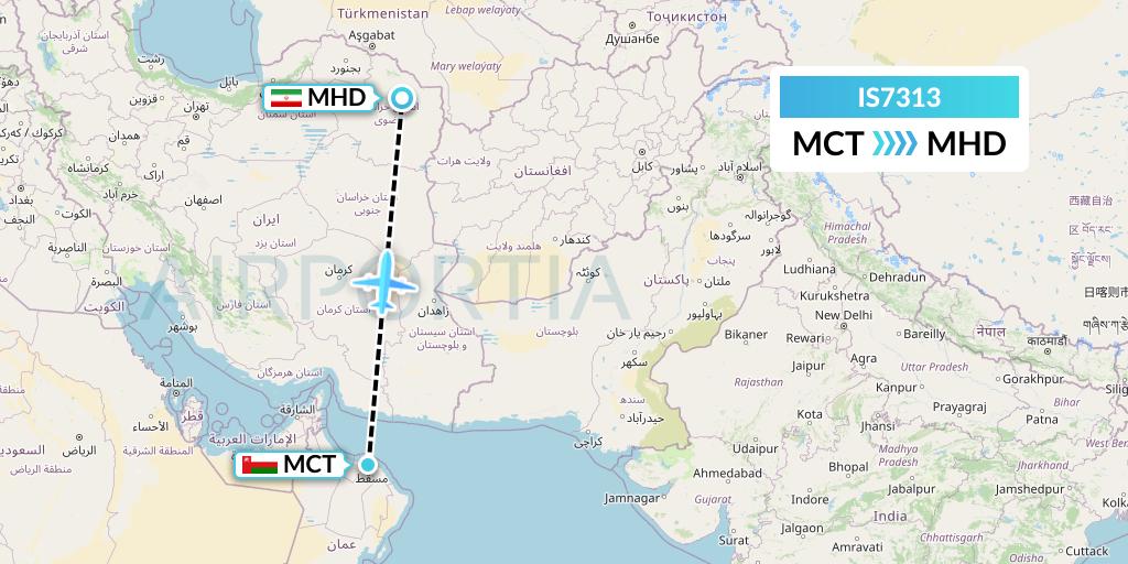 IS7313 Sepehran Airlines Flight Map: Muscat to Mashhad