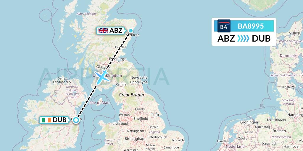 BA8995 British Airways Flight Map: Aberdeen to Dublin