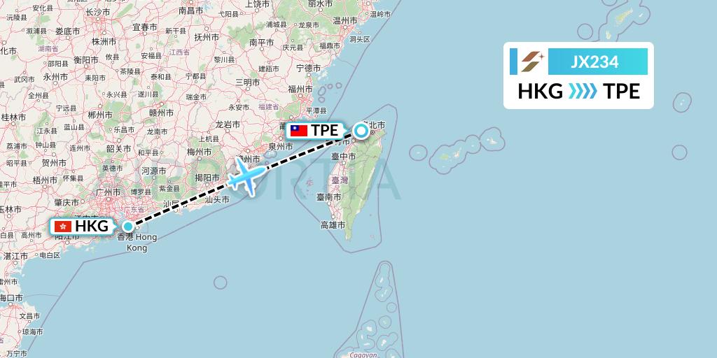JX234 Starlux Airlines Flight Map: Hong Kong to Taipei