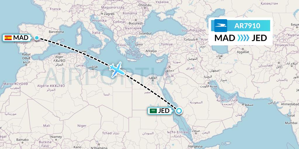 AR7910 Aerolineas Argentinas Flight Map: Madrid to Jeddah