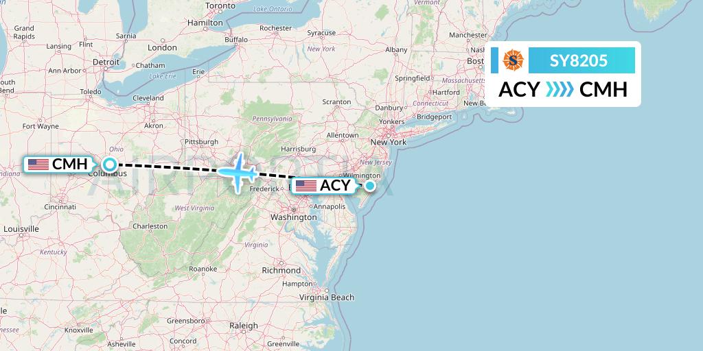 SY8205 Sun Country Airlines Flight Map: Atlantic City to Columbus