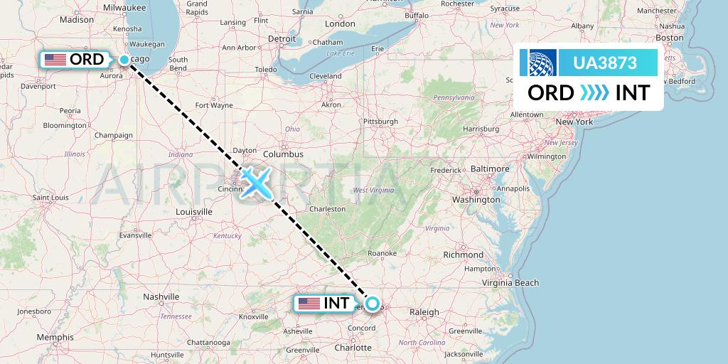 UA3873 United Airlines Flight Map: Chicago to Winston-Salem