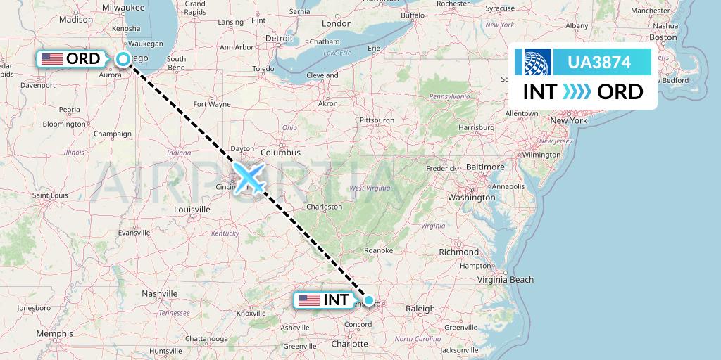UA3874 United Airlines Flight Map: Winston-Salem to Chicago