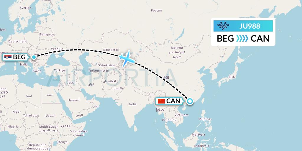 JU988 AirSERBIA Flight Map: Belgrade to Guangzhou
