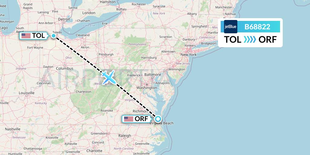 B68822 Flight Status JetBlue Airways Toledo to Norfolk (JBU8822)