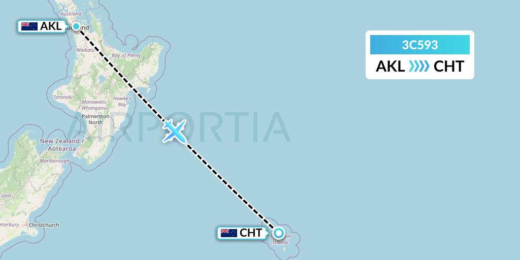3C593 Air Chathams Flight Map: Auckland to Waitangi