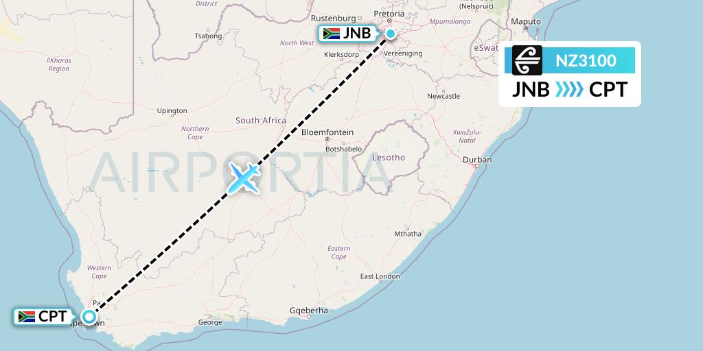 NZ3100 Air New Zealand Flight Map: Johannesburg to Cape Town