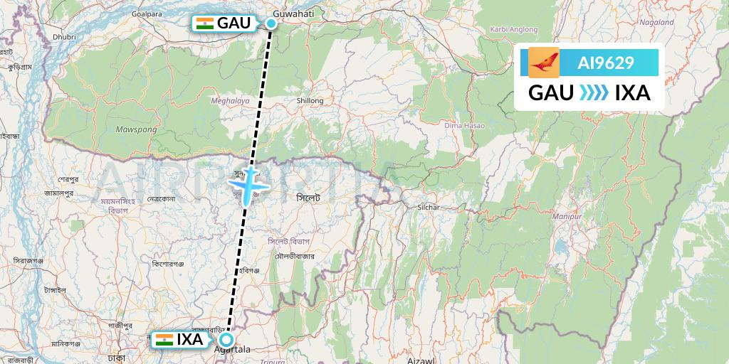 AI9629 Air India Flight Map: Guwahati to Agartala