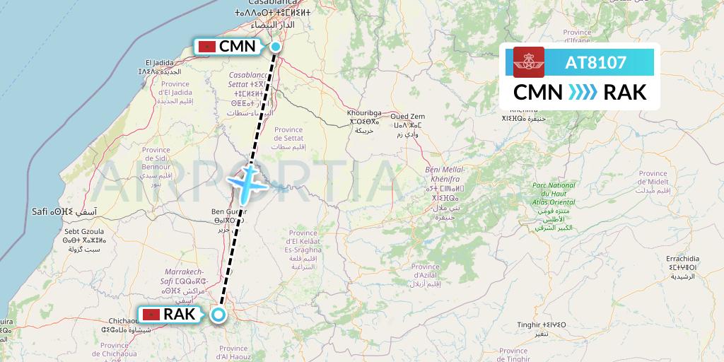 AT8107 Royal Air Maroc Flight Map: Casablanca to Marrakesh 