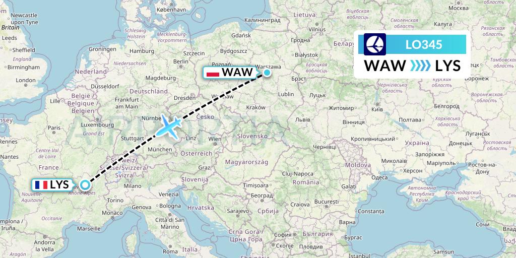 LO345 LOT Flight Map: Warsaw to Lyon