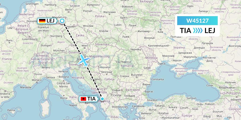 W45127 Wizz Air Malta Flight Map: Tirana to Leipzig