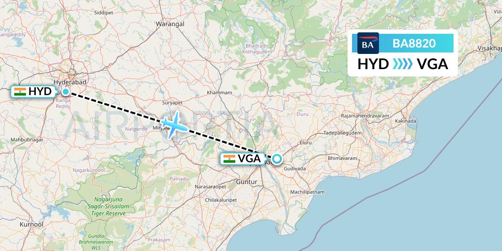 BA8820 British Airways Flight Map: Hyderabad to Vijayawada