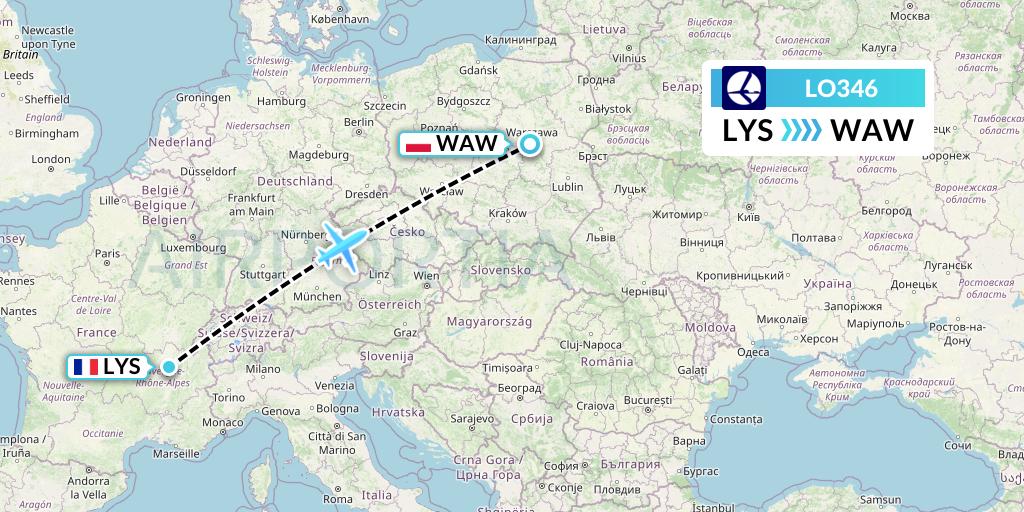 LO346 LOT Flight Map: Lyon to Warsaw
