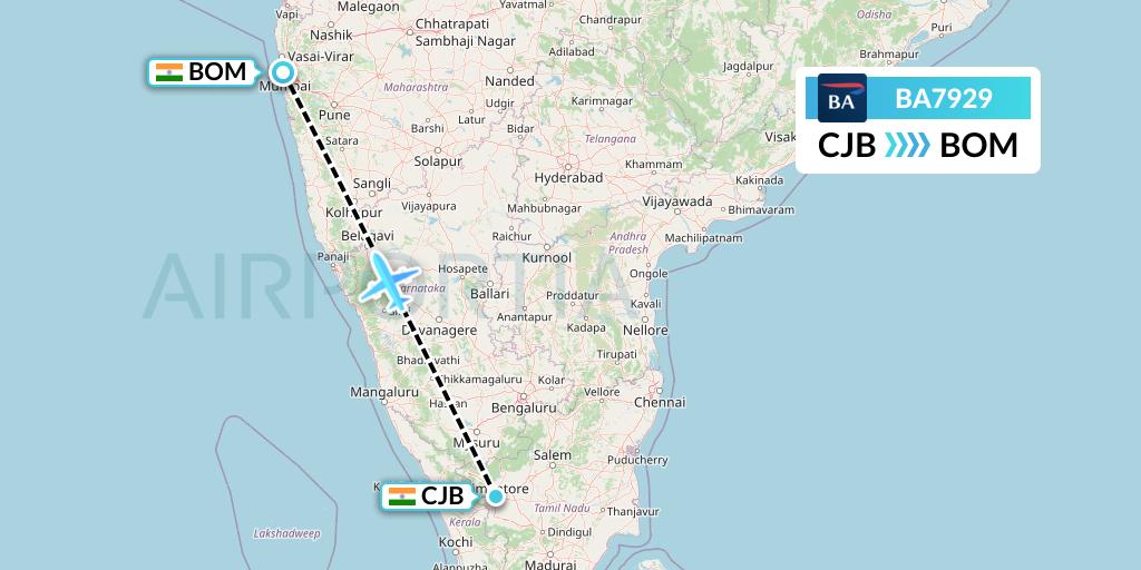 BA7929 British Airways Flight Map: Coimbatore to Mumbai