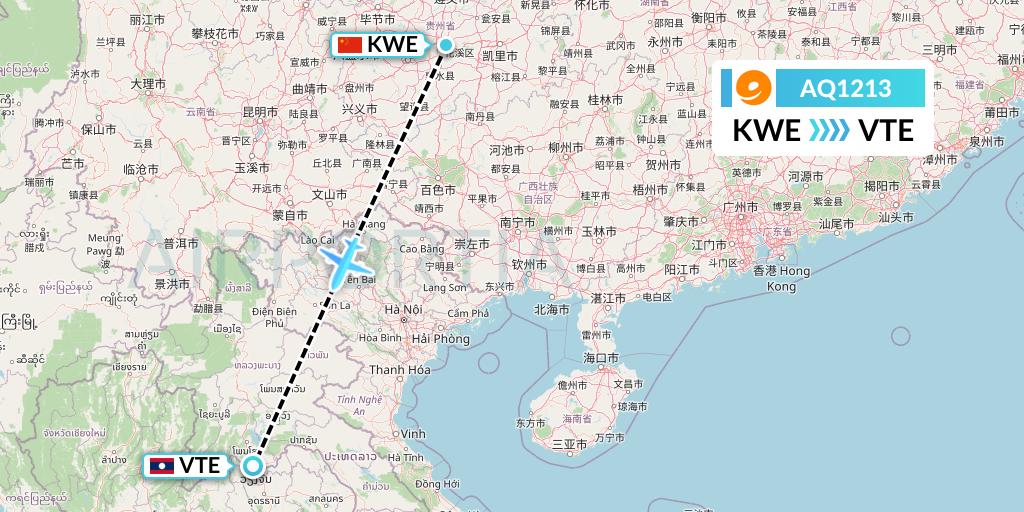 AQ1213 9 Air Flight Map: Guiyang to Vientiane