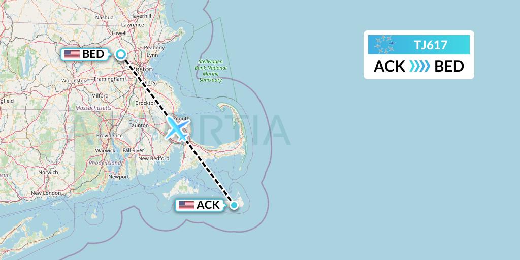 TJ617 Tradewind Aviation Flight Map: Nantucket to Bedford