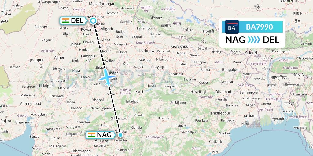 BA7990 British Airways Flight Map: Nagpur to Delhi