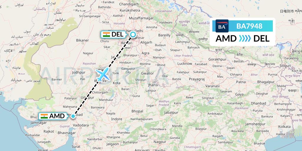 BA7948 British Airways Flight Map: Ahmedabad to Delhi