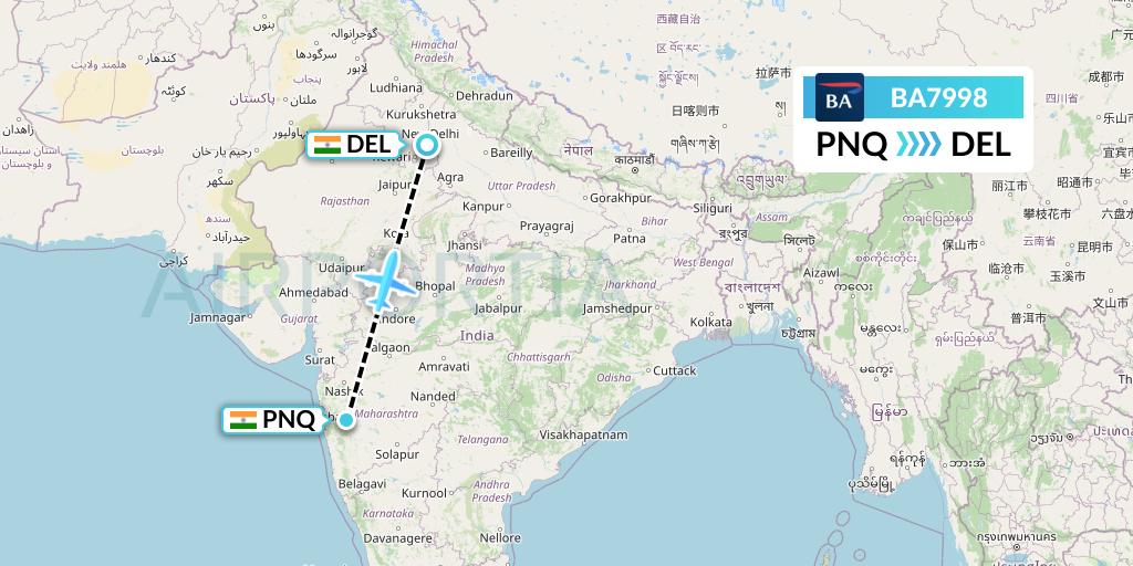 BA7998 British Airways Flight Map: Pune to Delhi