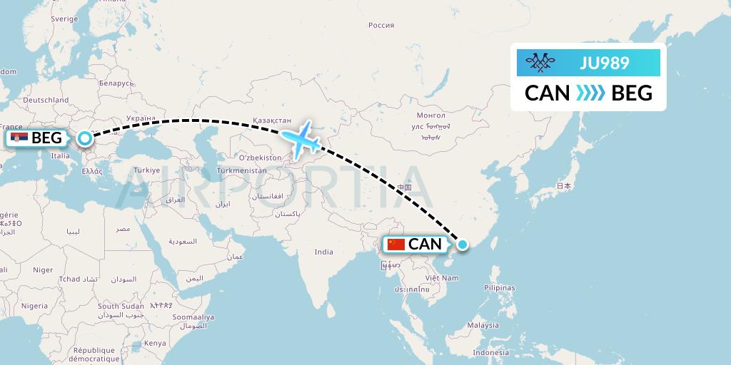 JU989 AirSERBIA Flight Map: Guangzhou to Belgrade