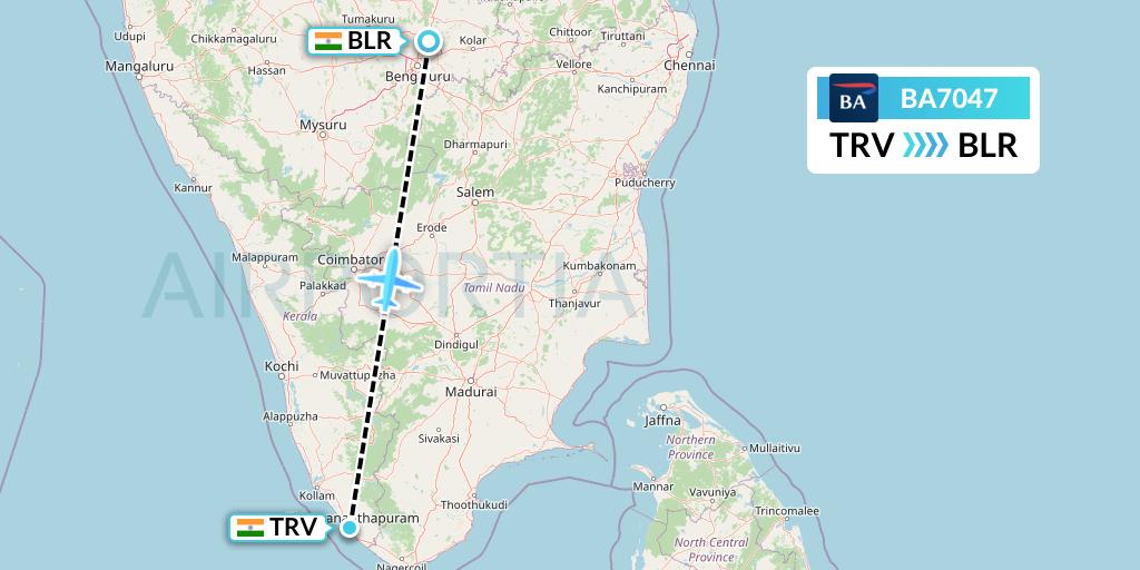 BA7047 British Airways Flight Map: Thiruvananthapuram to Bangalore