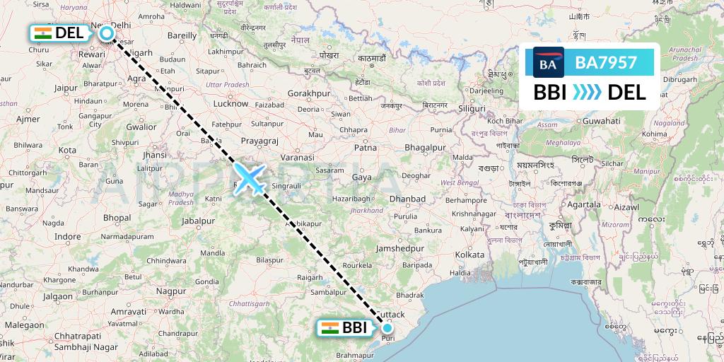 BA7957 British Airways Flight Map: Bhubaneswar to Delhi