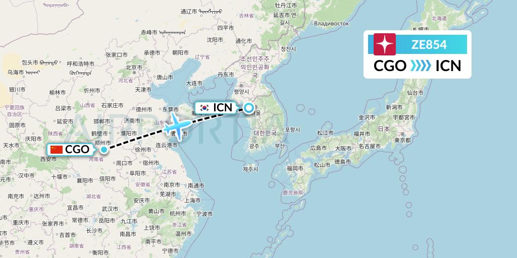 ZE854 Eastar Jet Flight Map: Zhengzhou to Seoul