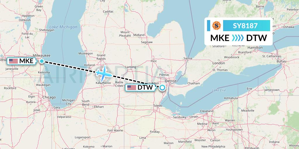SY8187 Sun Country Airlines Flight Map: Milwaukee to Detroit