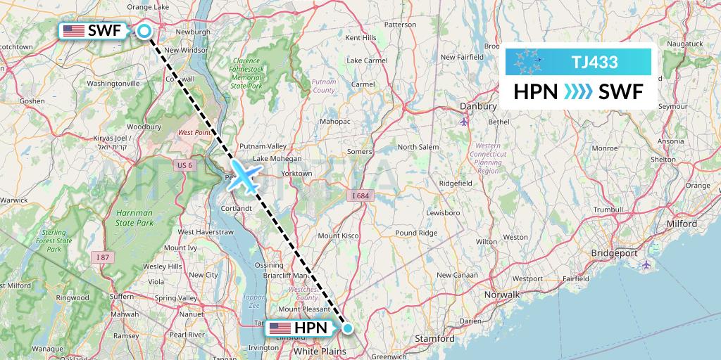 TJ433 Tradewind Aviation Flight Map: White Plains to Newburgh