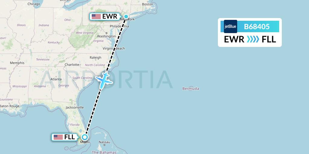 B68405 JetBlue Airways Flight Map: New York to Fort Lauderdale