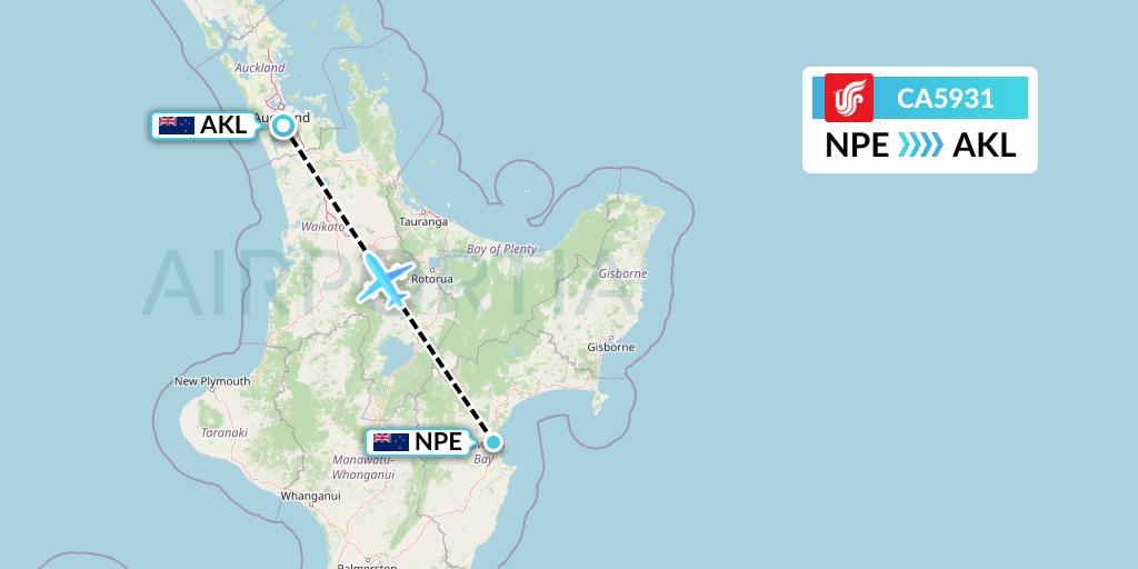 CA5931 Air China Flight Map: Napier to Auckland