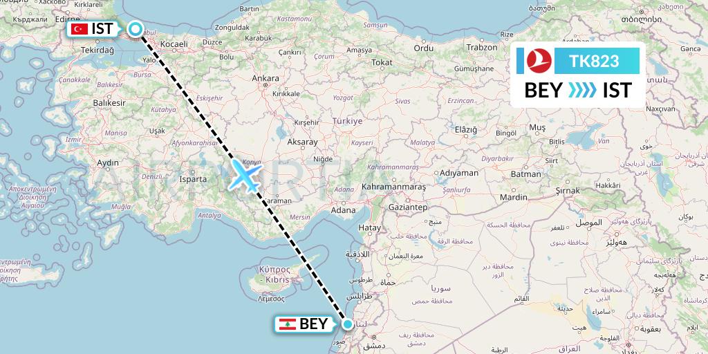 TK823 Turkish Airlines Flight Map: Beirut to Istanbul