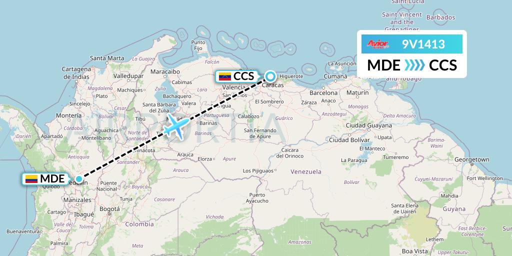 9V1413 Avior Airlines Flight Map: Medellin to Caracas
