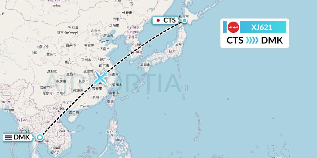 XJ621 Thai AirAsia X Flight Map: Sapporo to Bangkok
