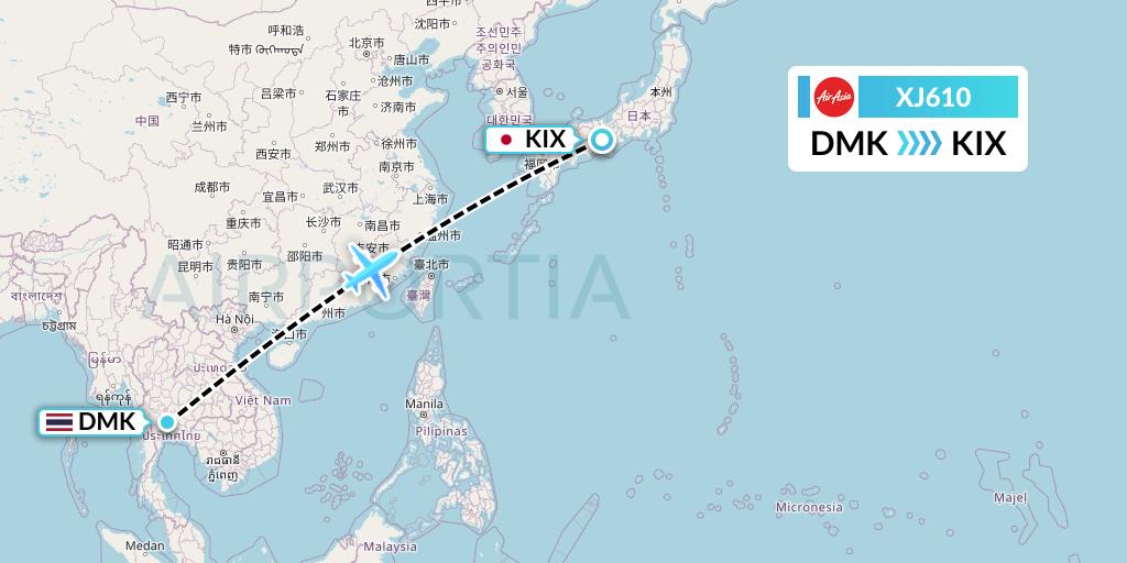 XJ610 Thai AirAsia X Flight Map: Bangkok to Osaka