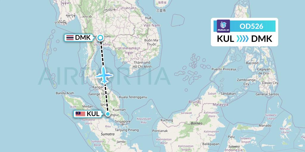 OD526 Batik Air Malaysia Flight Map: Kuala Lumpur to Bangkok