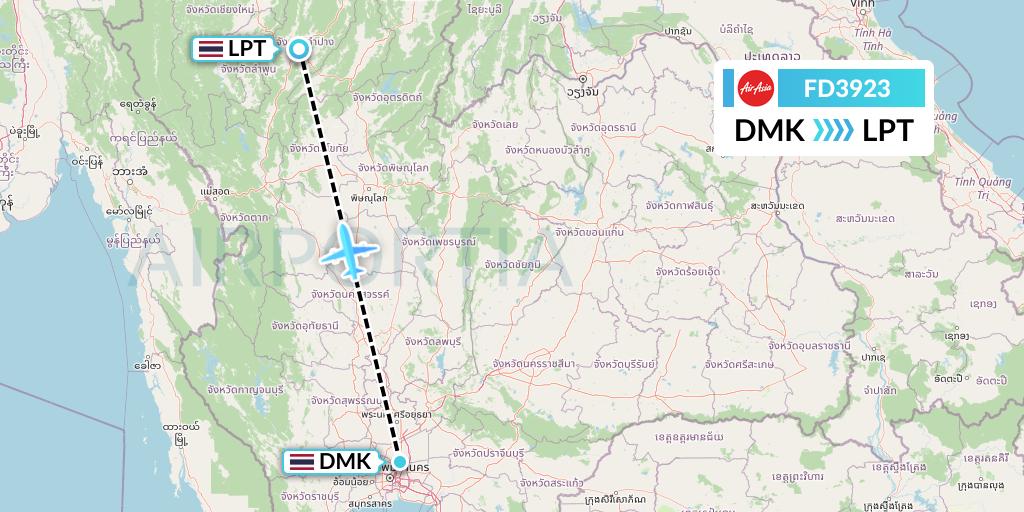 FD3923 Thai AirAsia Flight Map: Bangkok to Lampang