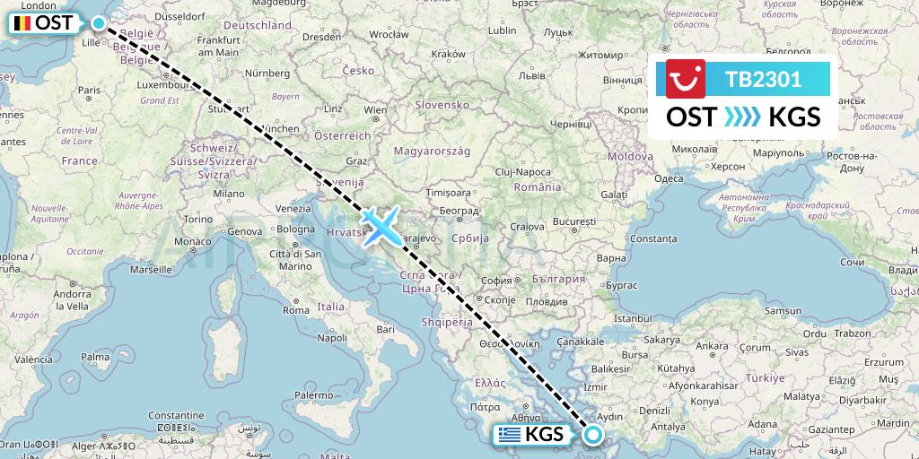 TB2301 TUI fly Belgium Flight Map: Ostend to Kos
