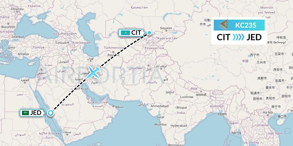 KC235 Air Astana Flight Map: Shymkent to Jeddah
