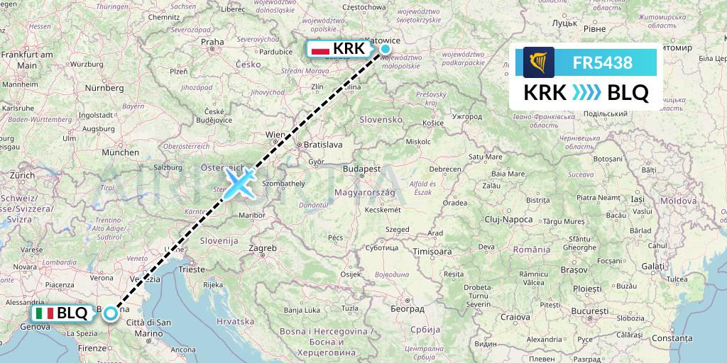 FR5438 Ryanair Flight Map: Krakow to Bologna